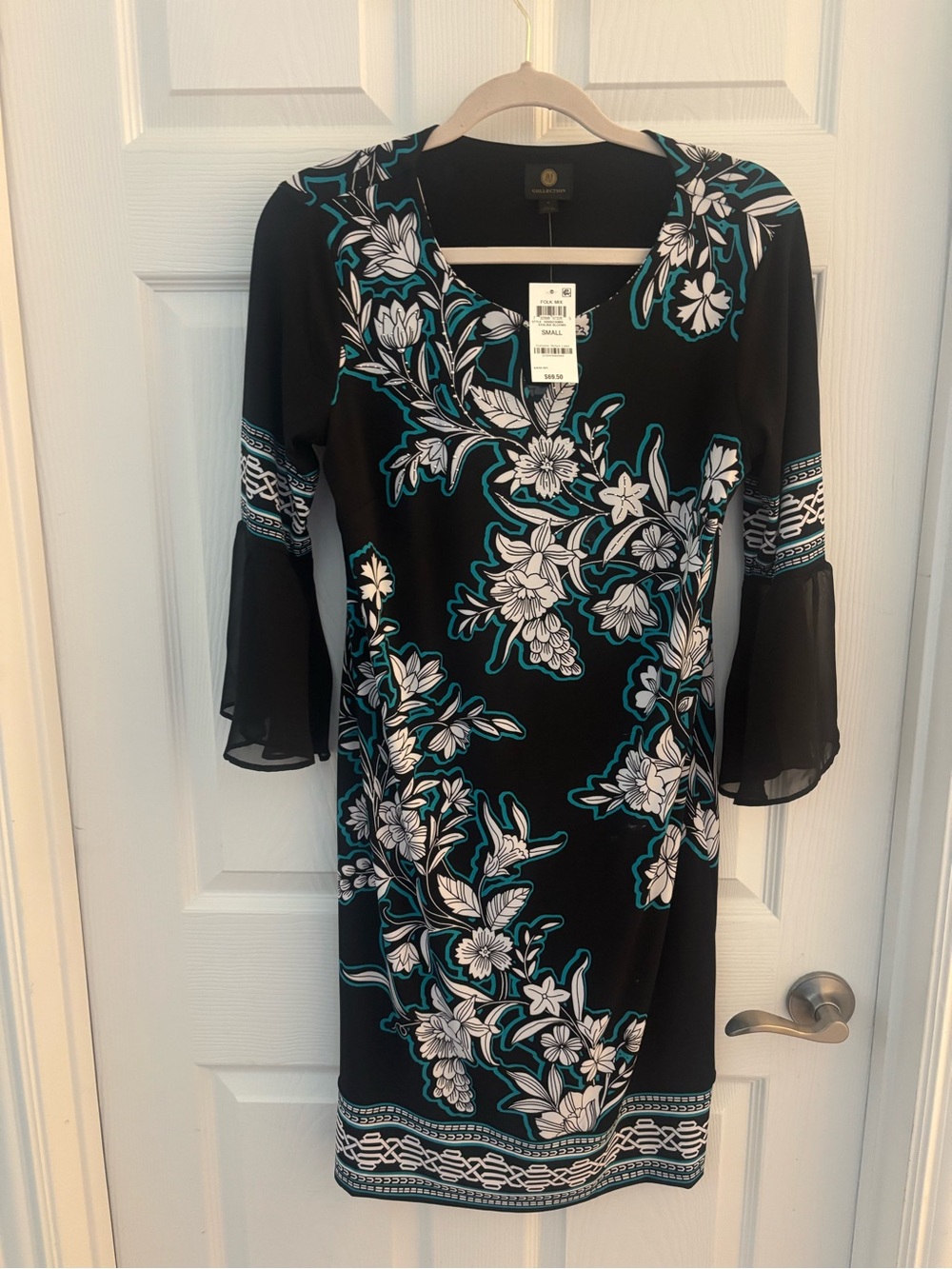 Macy's Black Floral Sheath Dress with Teal and White Accents